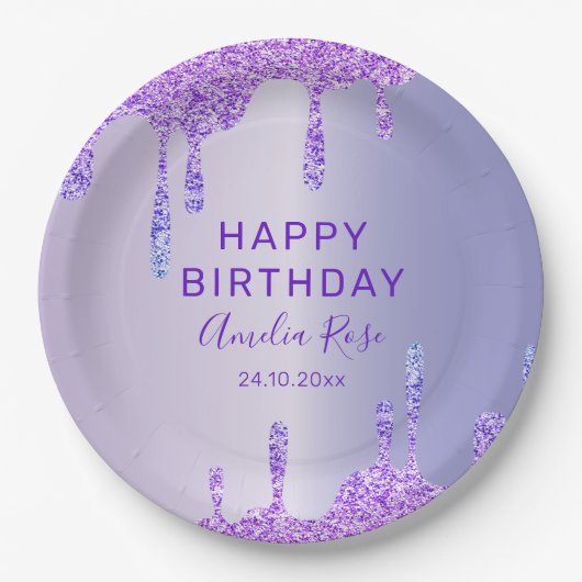 Happy Birthday Lila Glitzer Metallic Party Pappteller (Vorderseite)