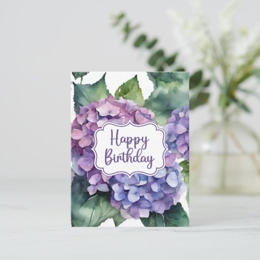 Happy Birthday Lila Hydrangea Blume Postkarte (Stehend Vorderseite)