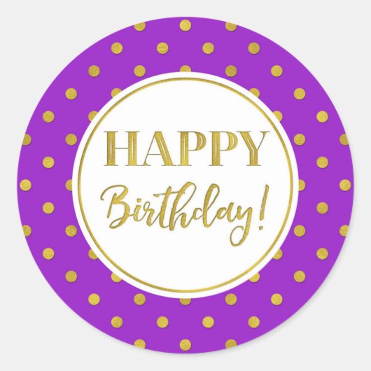 Happy Birthday Lila White Gold Dots Runder Aufkleber (Vorderseite)