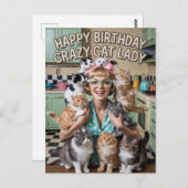 Happy Birthday lustige Retro Crazy Cat Lady Postkarte (Vorne/Hinten)