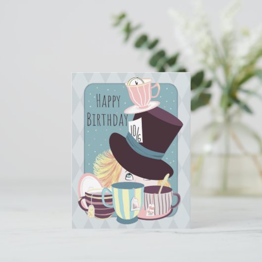 Happy Birthday Mad Hatter Tea Party Postkarte (Stehend Vorderseite)