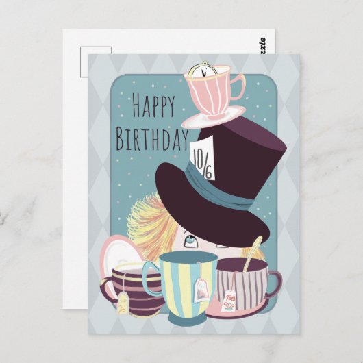 Happy Birthday Mad Hatter Tea Party Postkarte (Vorne/Hinten)