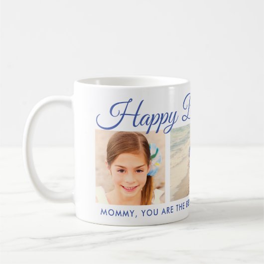 Happy Birthday Mama Blue Script Foto Keepake Kaffeetasse (Links)