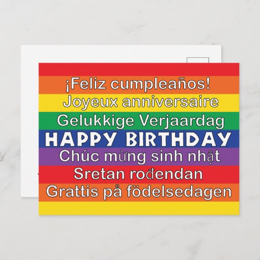 Happy Birthday Many Languages Rainbow Stripes Postkarte (Vorne/Hinten)