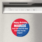 Happy Birthday MARGIE großer rot/blau Magnet (In Situ (Geschirrspüler))