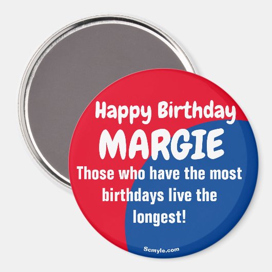 Happy Birthday MARGIE großer rot/blau Magnet (Vorderseite/Rückseite)