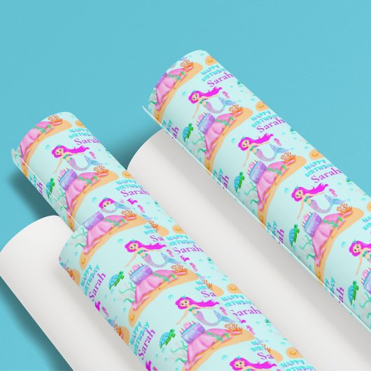 Happy Birthday Meerjungfrau mit Meeresschildkröte  Geschenkpapier