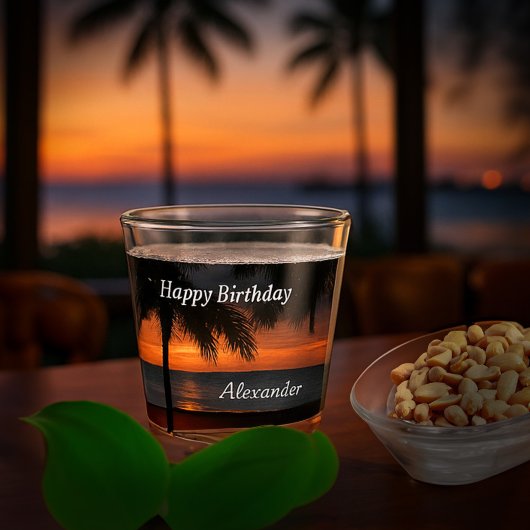 Happy Birthday Men Sunset Tropical Trees Custom Schnapsglas