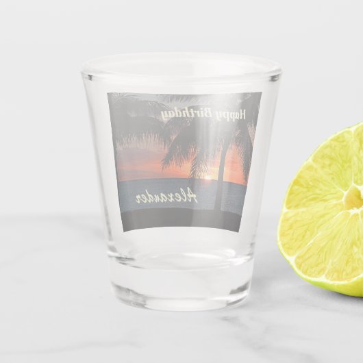 Happy Birthday Men Sunset Tropical Trees Custom Schnapsglas (Rückseite)
