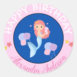 Happy Birthday Mermaid Name Baby Pink Runder Aufkleber