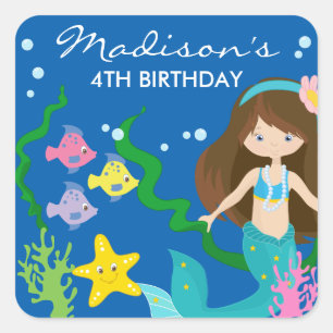 Happy Birthday Mermaid Unterseegebiet Quadratischer Aufkleber