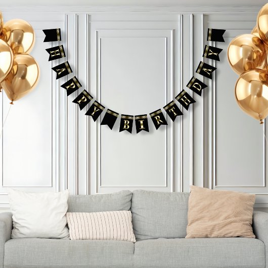 Happy Birthday Metallic Gold auf schwarz Wimpelkette