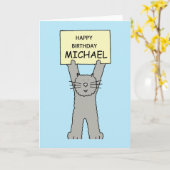 Happy Birthday Michael Cartoon Gray Cat Karte (Gelbe Blume)