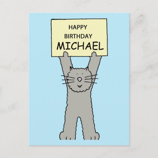 Happy Birthday Michael Cartoon Gray Cat Postkarte (Vorderseite)