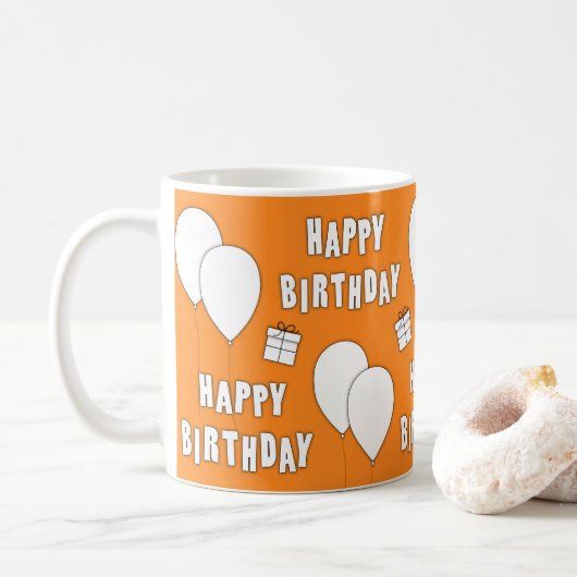 Happy Birthday mit Balloons Orange Hintergrund Kaffeetasse (Mit Donut)