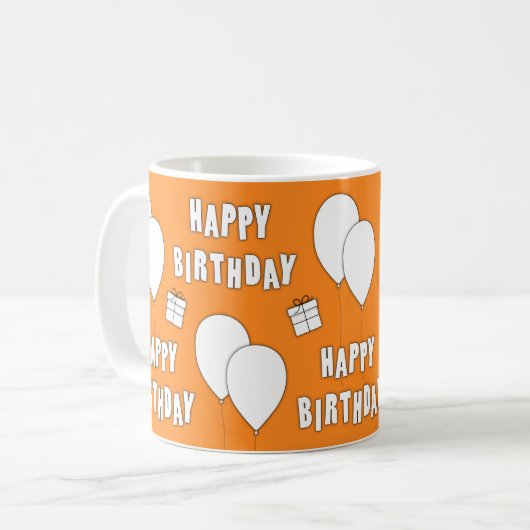 Happy Birthday mit Balloons Orange Hintergrund Kaffeetasse (Vorderseite Links)