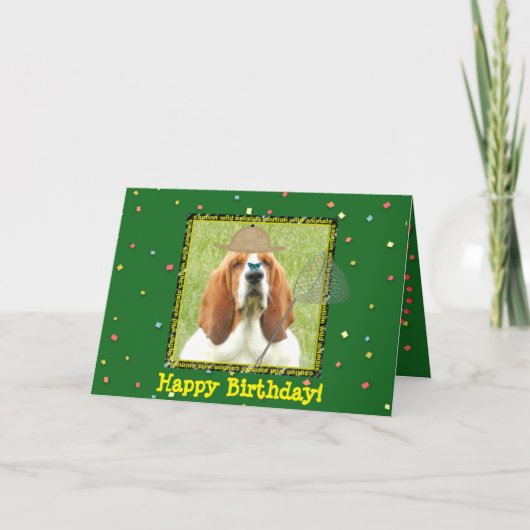 "Happy Birthday" mit Basset Hound als Jäger Karte (Vorderseite)