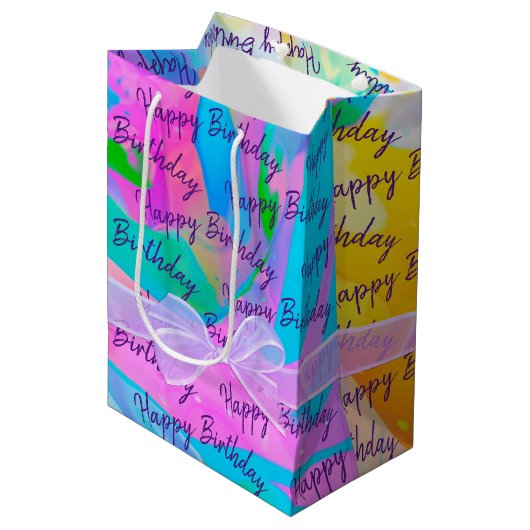 Happy Birthday mit Bow On Abstrakt Mittlere Geschenktüte (Vorderseite Schrägansicht)