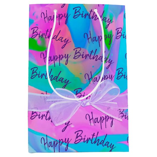 Happy Birthday mit Bow On Abstrakt Mittlere Geschenktüte (Vorderseite)