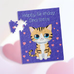 Happy Birthday mit Name Template Kids Cat Puzzle<br><div class="desc">Mit unserem Happy Birthday Cat Kids Jigsaw Puzzle können Sie sich Geburtstage besonders für katzenliebende Kinder gönnen. Dieses zauberhafte Puzzle besticht durch eine niedliche Cartoon-Katze im kawaii-Stil, die mit großen blauen Augen, Set vor einem blauen Hintergrund und vielen rosa Herzen geschmückt ist. Das Design beinhaltet eine fröhliche "Happy Birthday"-Nachricht, die...</div>