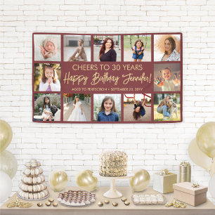 Happy Birthday Modern Foto Collage Burgundy Gold Banner
