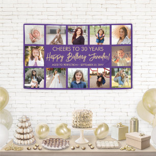 Happy Birthday Modern Foto Collage Lila & Gold Banner
