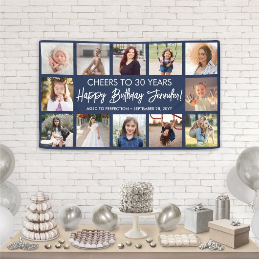 Happy Birthday Modern Foto Collage Navy und White Banner