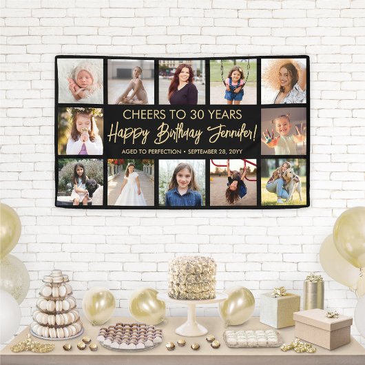 Happy Birthday Modern Foto Collage Schwarz und Gol Banner