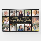 Happy Birthday Modern Foto Collage Schwarz und Gol Banner (Horizontal)