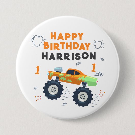 Happy Birthday Modern Monster Car Trucks Name Button (Vorderseite)