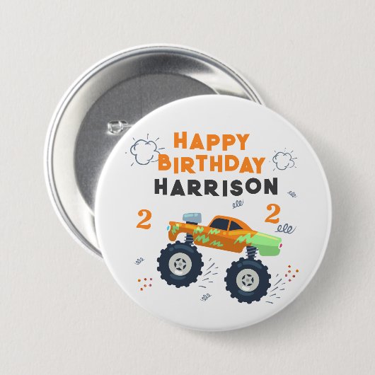 Happy Birthday Modern Monster Car Trucks Name Button (Vorne & Hinten)