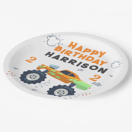 Happy Birthday Modern Monster Car Trucks Name Pappteller (Schrägansicht)