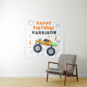 Happy Birthday Modern Monster Car Trucks Name Wandteppich