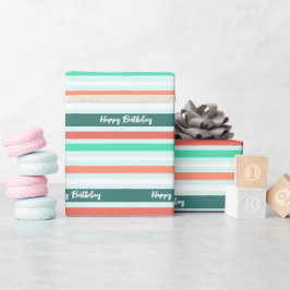 Happy Birthday Modern Peach Aqua Stripe Gemustert Geschenkpapier