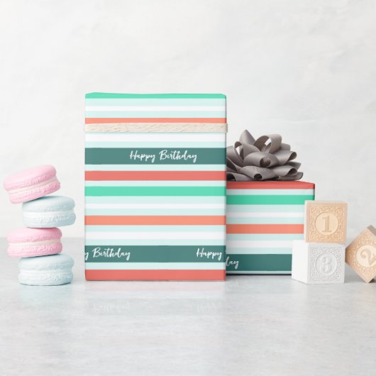 Happy Birthday Modern Peach Aqua Stripe Gemustert Geschenkpapier (Babyparty)