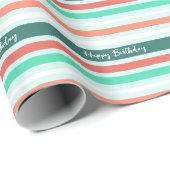 Happy Birthday Modern Peach Aqua Stripe Gemustert Geschenkpapier (Rolleneckpunkt)