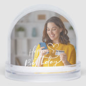 Happy Birthday | Modern Script Personalized Photo Schneekugeln (Vorderseite)