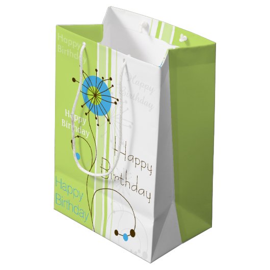 Happy Birthday Modern Simple Blume Green Mittlere Geschenktüte (Rückseite Schrägansicht)