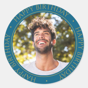 Happy Birthday Modern Simple Elegant Foto blau Runder Aufkleber