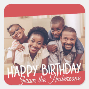 Happy Birthday Modern Simple Family Foto Quadratischer Aufkleber