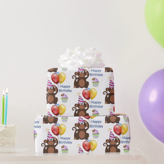 Happy Birthday Monkey and Balloons Party Geschenkpapier (Partygeschenke)