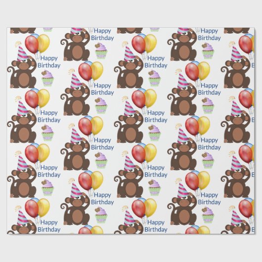Happy Birthday Monkey and Balloons Party Geschenkpapier (Flach)