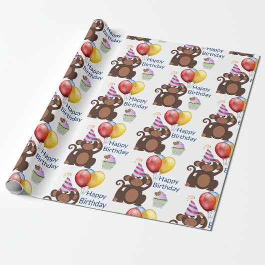 Happy Birthday Monkey and Balloons Party Geschenkpapier (Ungerollt)