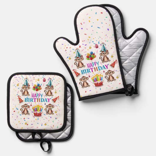 Happy Birthday Monkey Oven Mitt and Pot Holder Ofenhandschuh & Topflappen-Set (Vorderseite/Rückseite)
