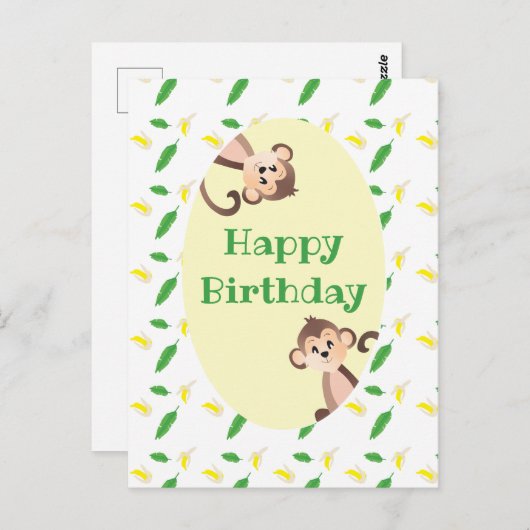 Happy Birthday Monkey Tropical Leaf Banana Peels Postkarte (Vorne/Hinten)