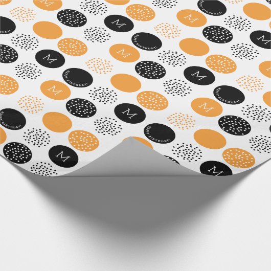 Happy Birthday Monogram Circles Orange Dots Wrap Geschenkpapier (Ecke)