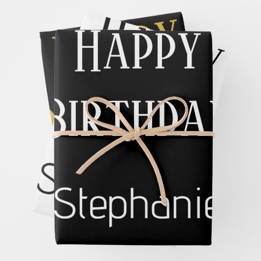 Happy Birthday Monogram Name Gold Schwarz-weiß Geschenkpapier Set (Beispiel)