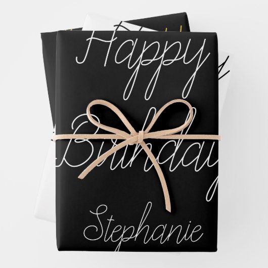 Happy Birthday Monogram Name Schwarz-weiß Gold Geschenkpapier Set (Beispiel)