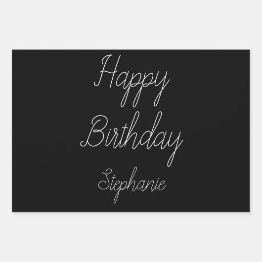 Happy Birthday Monogram Name Schwarz-weiß Gold Geschenkpapier Set (Vorderseite)
