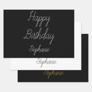 Happy Birthday Monogram Name Schwarz-weiß Gold Geschenkpapier Set